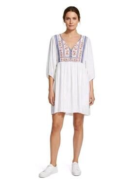 Forever 21 White Gauze Peasant Embroidered  3/4 Sleeve Dress Lined Sz L